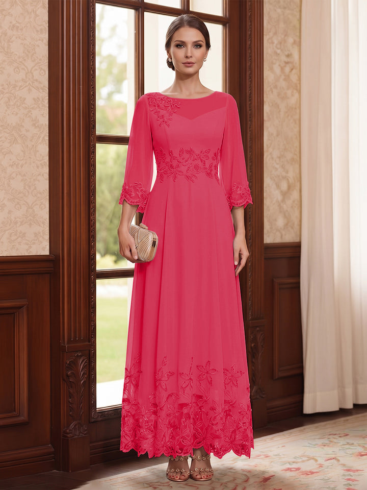 A-Line/Princess Scoop Long Sleeves Ankle Length Mother of the Bride Dresses With Embroidery &amp; Lace
