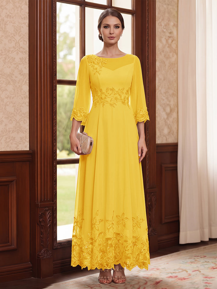 A-Line/Princess Scoop Long Sleeves Ankle Length Mother of the Bride Dresses With Embroidery &amp; Lace