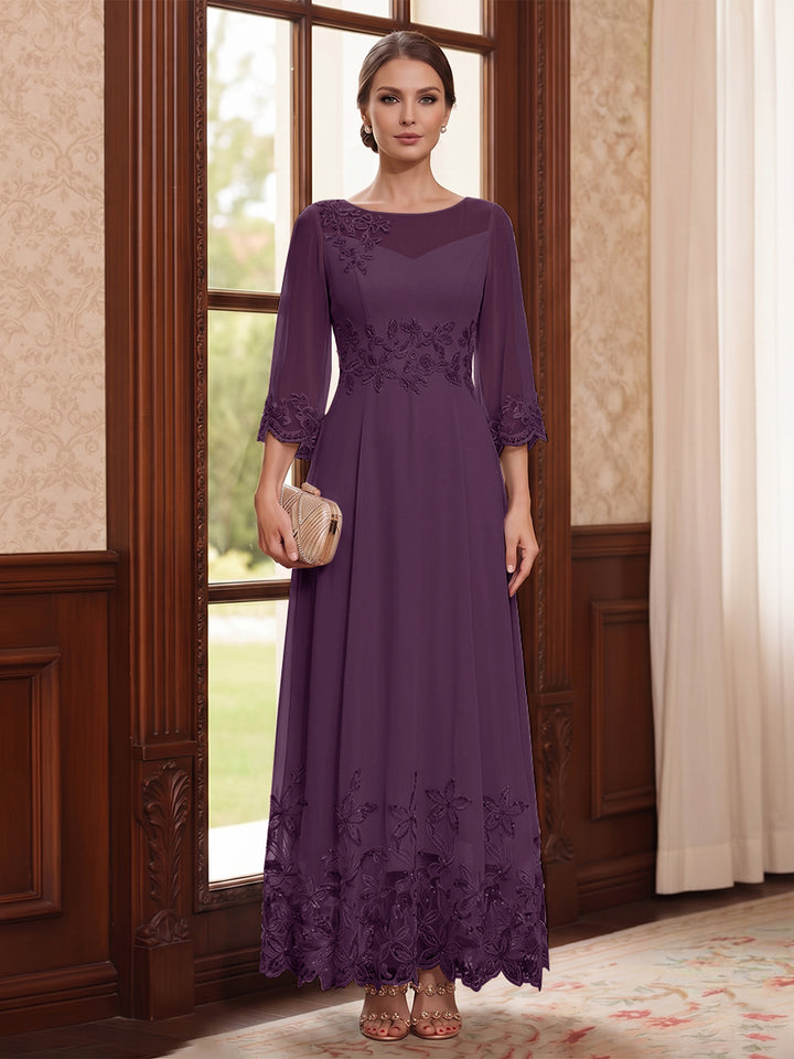 A-Line/Princess Scoop Long Sleeves Ankle Length Mother of the Bride Dresses With Embroidery &amp; Lace