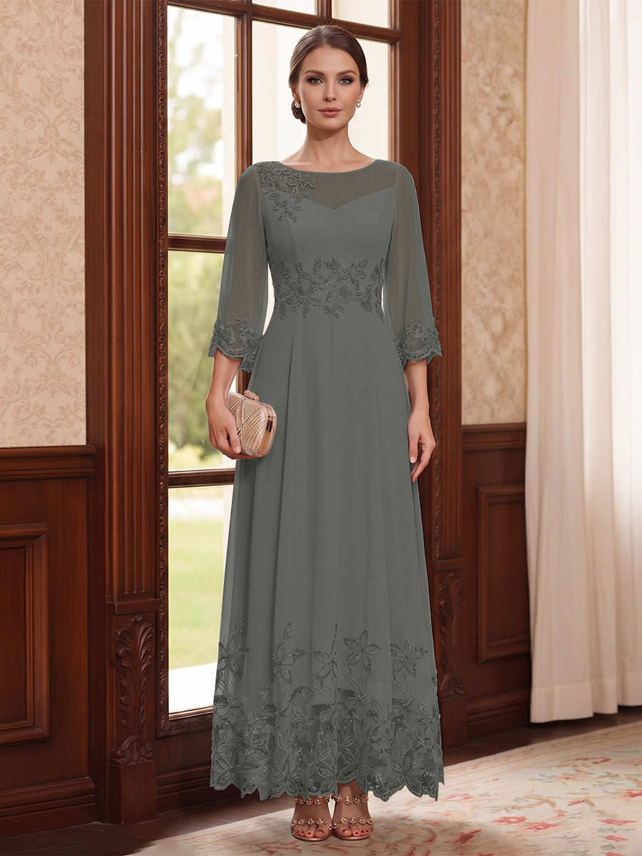 A-Line/Princess Scoop Long Sleeves Ankle Length Mother of the Bride Dresses With Embroidery &amp; Lace