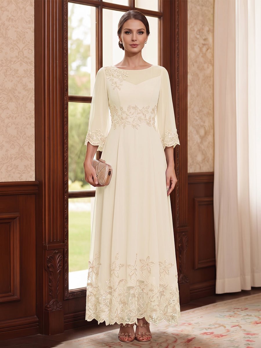 A-Line/Princess Scoop Long Sleeves Ankle Length Mother of the Bride Dresses With Embroidery &amp; Lace