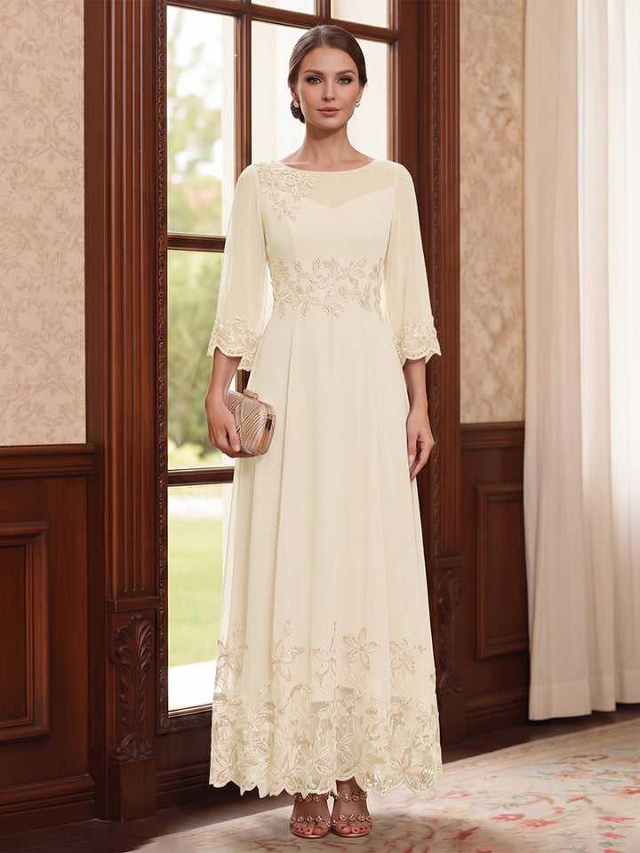 A-Line/Princess Scoop Long Sleeves Ankle Length Mother of the Bride Dresses With Embroidery &amp; Lace