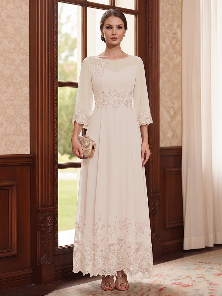 A-Line/Princess Scoop Long Sleeves Ankle Length Mother of the Bride Dresses With Embroidery &amp; Lace