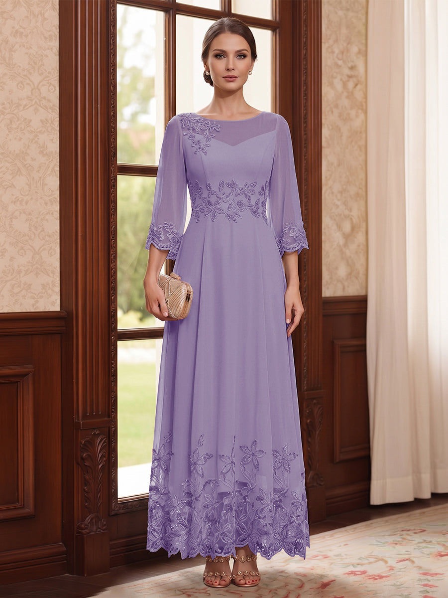 A-Line/Princess Scoop Long Sleeves Ankle Length Mother of the Bride Dresses With Embroidery &amp; Lace