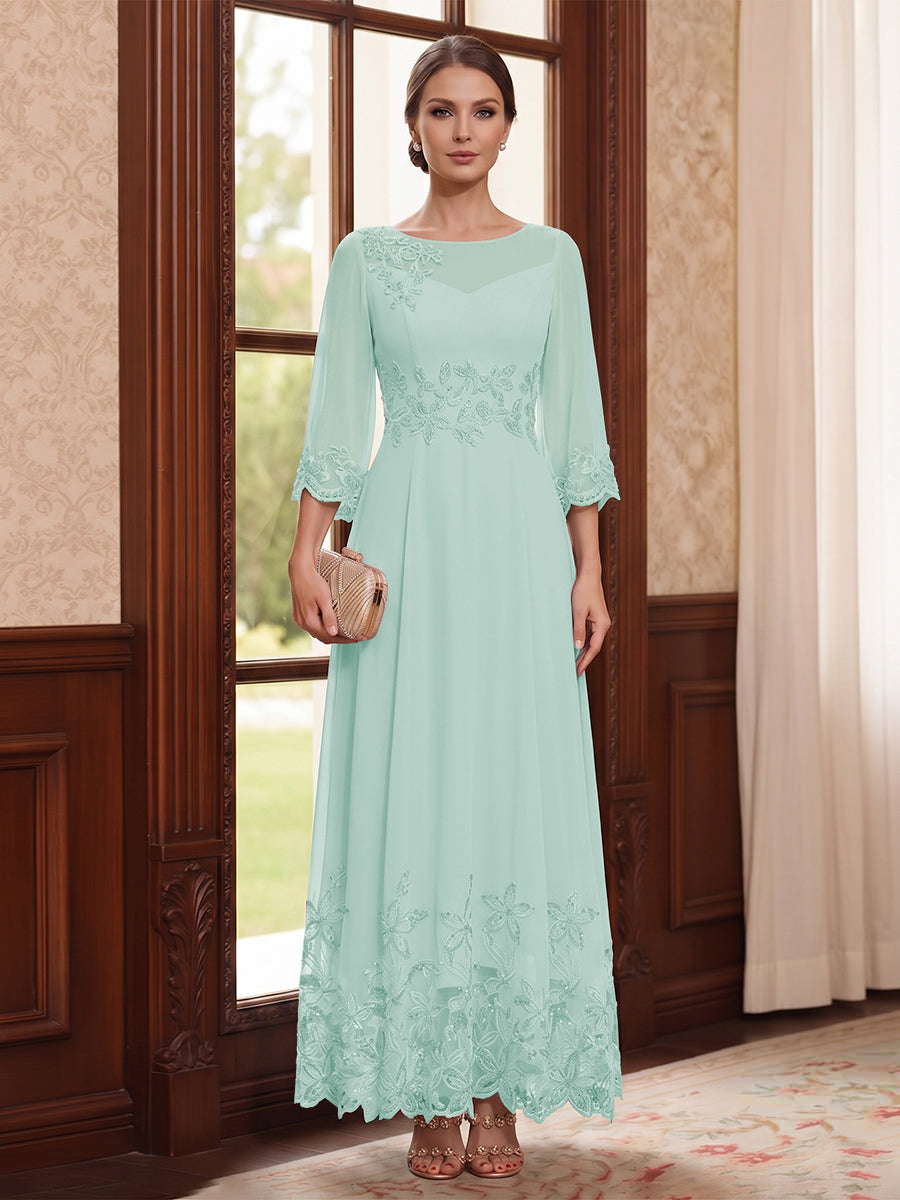A-Line/Princess Scoop Long Sleeves Ankle Length Mother of the Bride Dresses With Embroidery &amp; Lace
