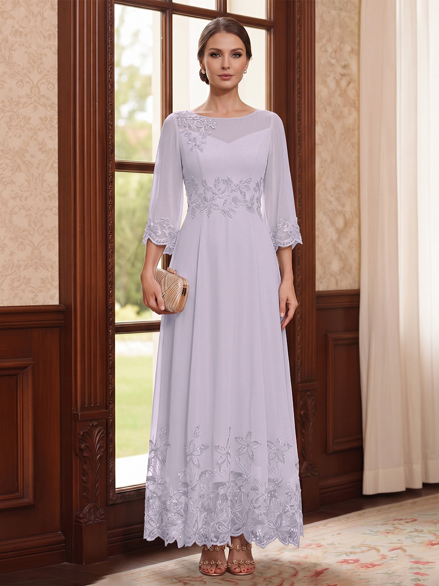 A-Line/Princess Scoop Long Sleeves Ankle Length Mother of the Bride Dresses With Embroidery &amp; Lace