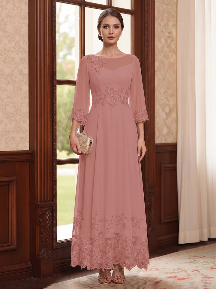 A-Line/Princess Scoop Long Sleeves Ankle Length Mother of the Bride Dresses With Embroidery &amp; Lace