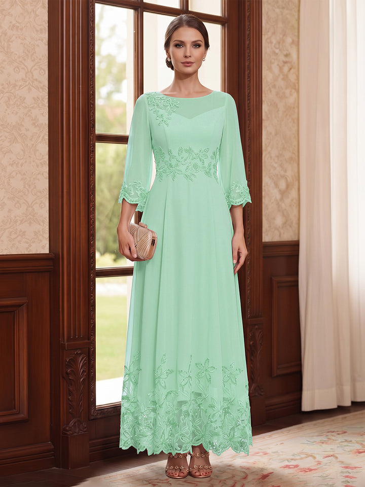 A-Line/Princess Scoop Long Sleeves Ankle Length Mother of the Bride Dresses With Embroidery &amp; Lace
