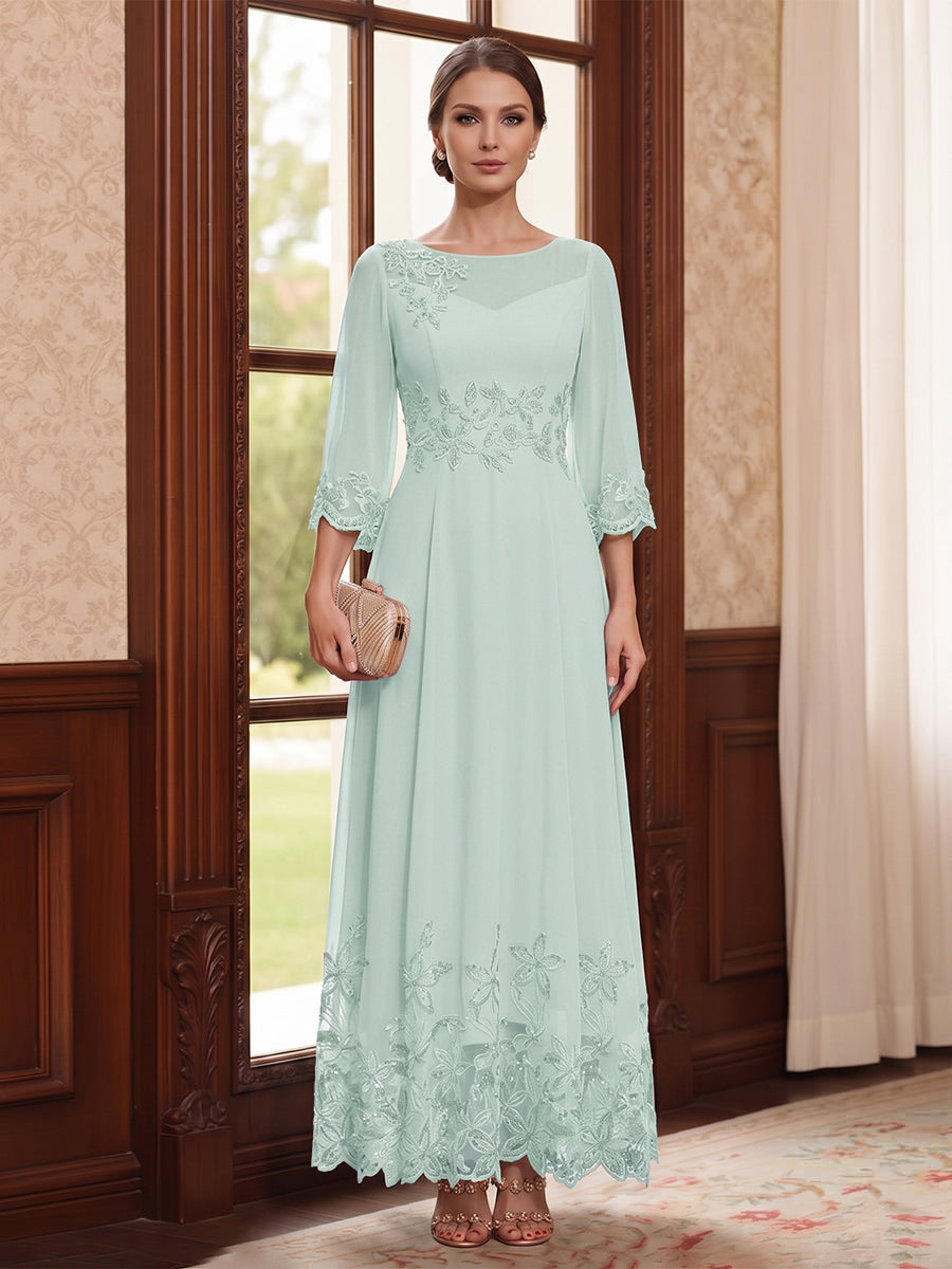 A-Line/Princess Scoop Long Sleeves Ankle Length Mother of the Bride Dresses With Embroidery &amp; Lace