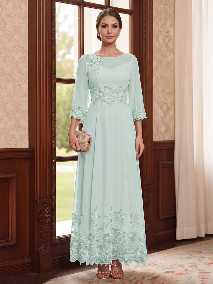 A-Line/Princess Scoop Long Sleeves Ankle Length Mother of the Bride Dresses With Embroidery &amp; Lace