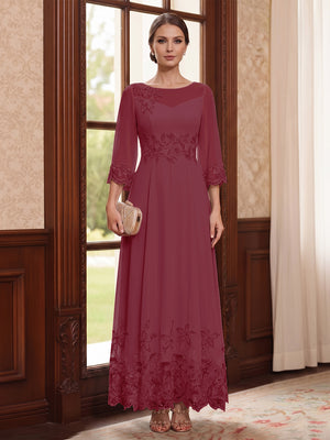 A-Line/Princess Scoop Long Sleeves Ankle Length Mother of the Bride Dresses With Embroidery & Lace