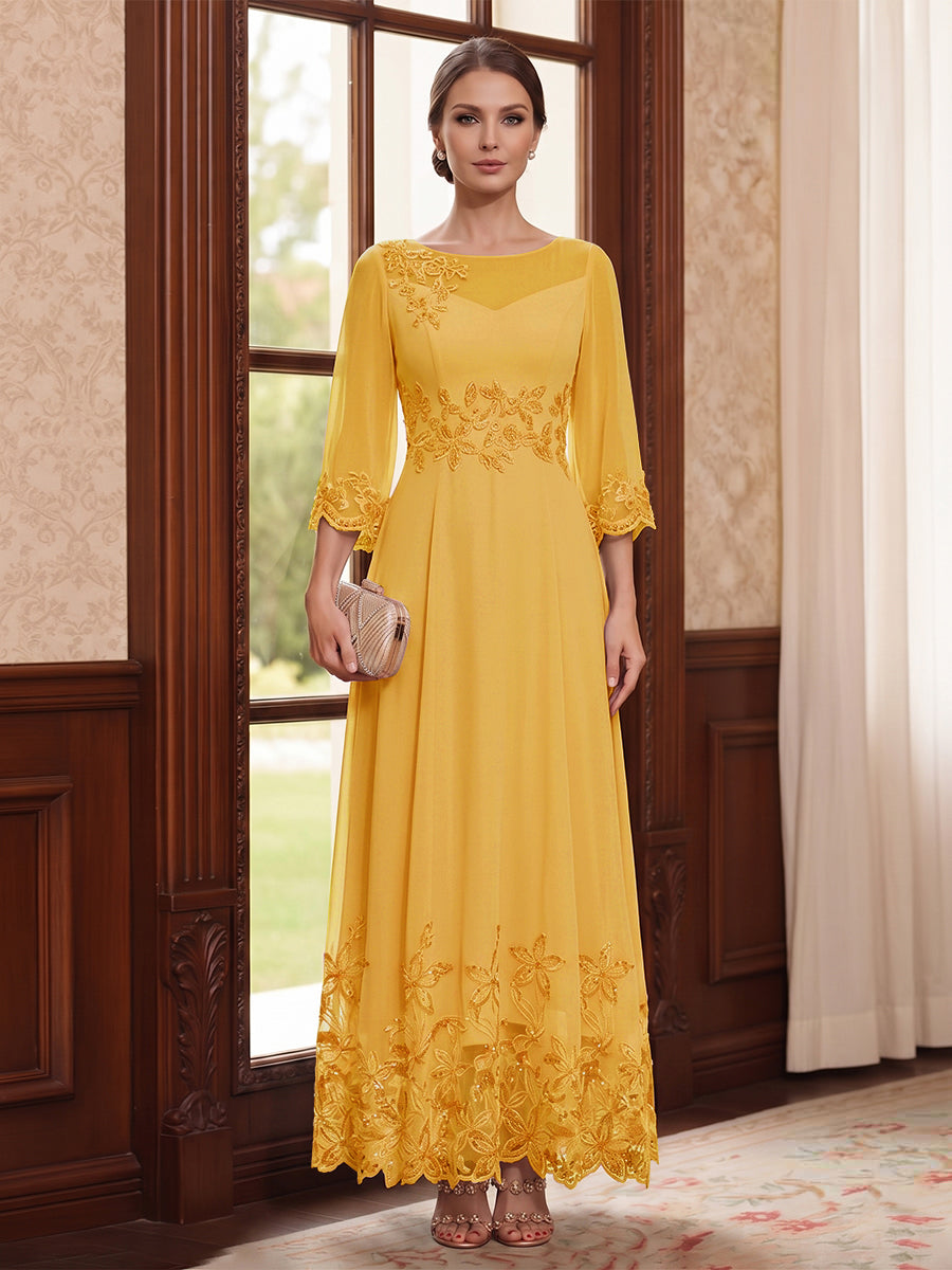 A-Line/Princess Scoop Long Sleeves Ankle Length Mother of the Bride Dresses With Embroidery &amp; Lace