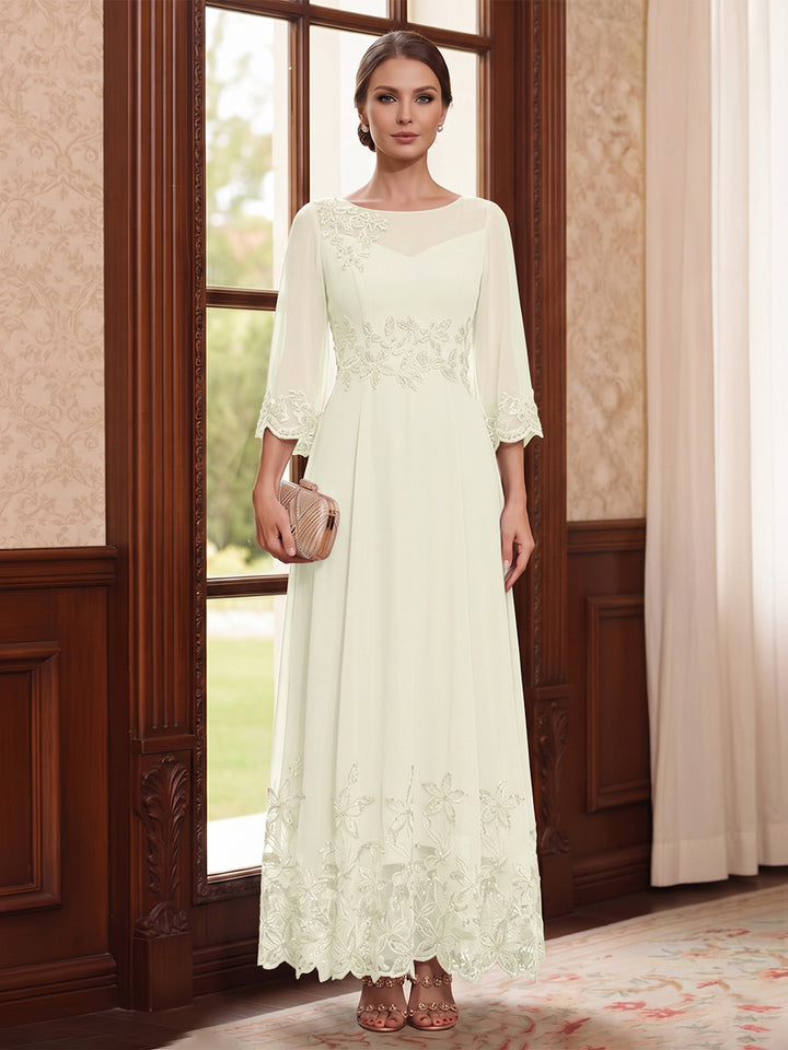 A-Line/Princess Scoop Long Sleeves Ankle Length Mother of the Bride Dresses With Embroidery &amp; Lace