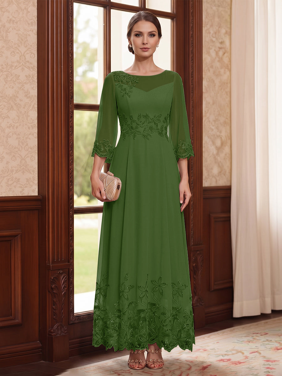 A-Line/Princess Scoop Long Sleeves Ankle Length Mother of the Bride Dresses With Embroidery &amp; Lace