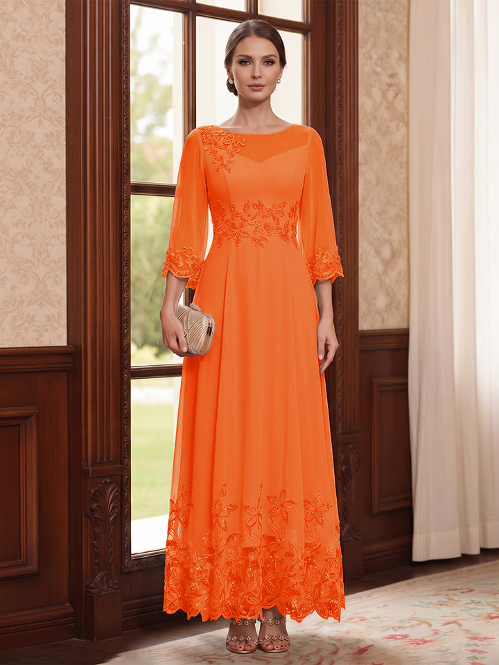 A-Line/Princess Scoop Long Sleeves Ankle Length Mother of the Bride Dresses With Embroidery &amp; Lace