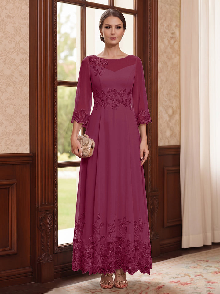 A-Line/Princess Scoop Long Sleeves Ankle Length Mother of the Bride Dresses With Embroidery &amp; Lace
