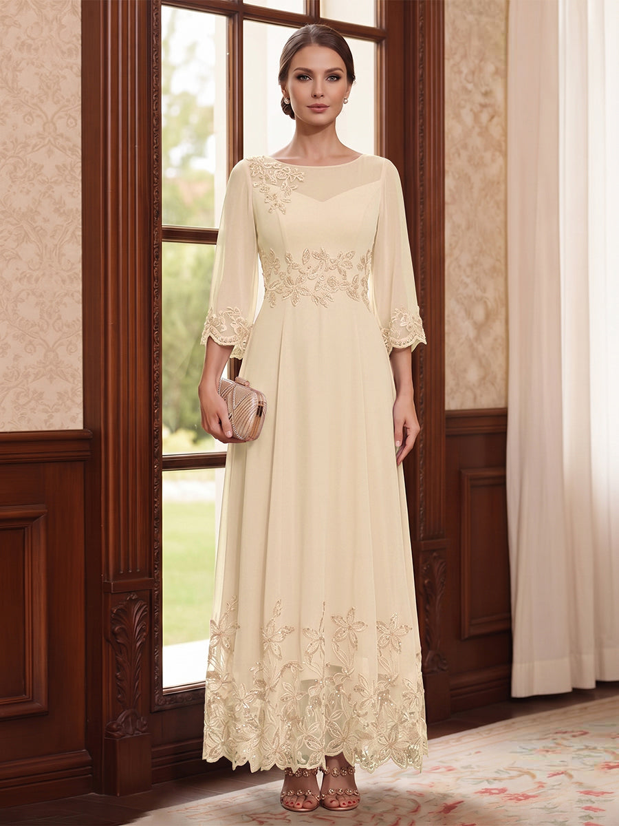 A-Line/Princess Scoop Long Sleeves Ankle Length Mother of the Bride Dresses With Embroidery &amp; Lace