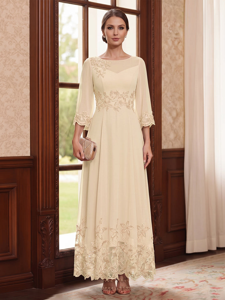 A-Line/Princess Scoop Long Sleeves Ankle Length Mother of the Bride Dresses With Embroidery &amp; Lace