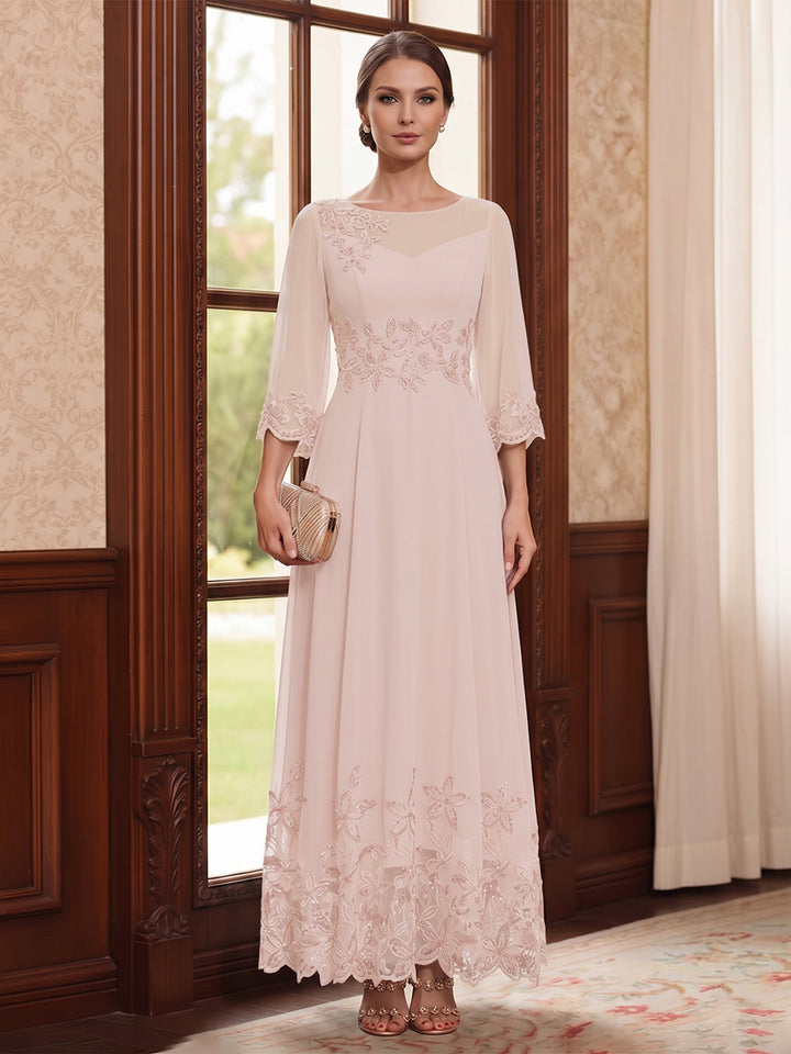 A-Line/Princess Scoop Long Sleeves Ankle Length Mother of the Bride Dresses With Embroidery &amp; Lace