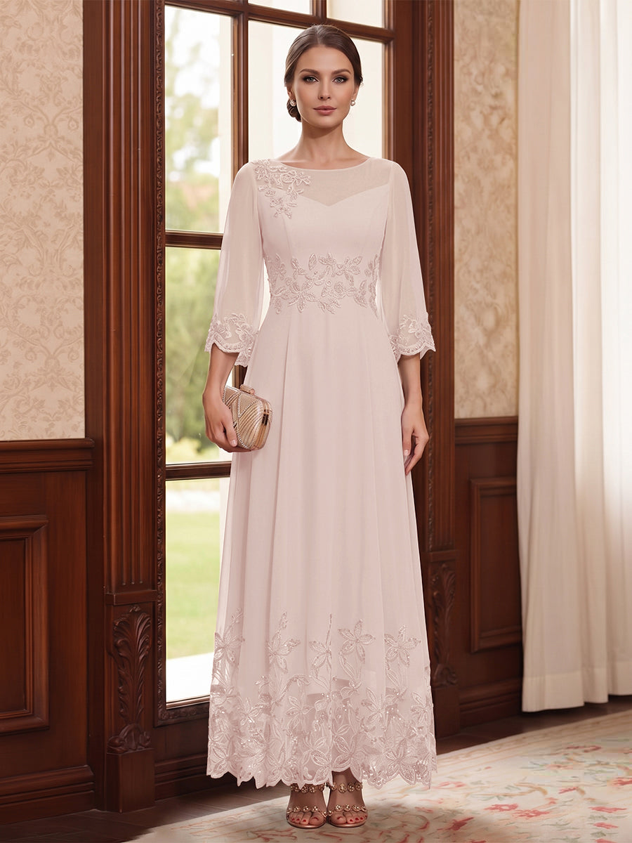 A-Line/Princess Scoop Long Sleeves Ankle Length Mother of the Bride Dresses With Embroidery &amp; Lace