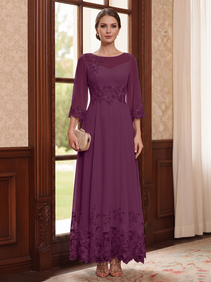 A-Line/Princess Scoop Long Sleeves Ankle Length Mother of the Bride Dresses With Embroidery &amp; Lace