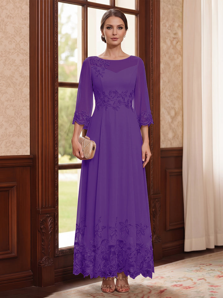 A-Line/Princess Scoop Long Sleeves Ankle Length Mother of the Bride Dresses With Embroidery &amp; Lace