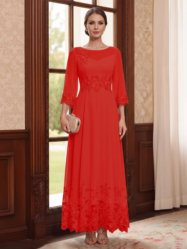 A-Line/Princess Scoop Long Sleeves Ankle Length Mother of the Bride Dresses With Embroidery &amp; Lace
