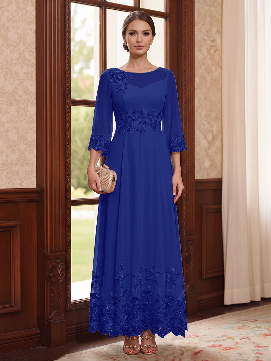 A-Line/Princess Scoop Long Sleeves Ankle Length Mother of the Bride Dresses With Embroidery &amp; Lace