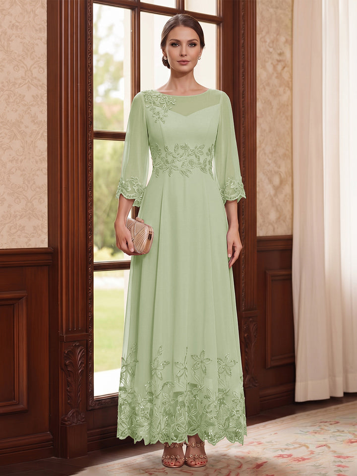 A-Line/Princess Scoop Long Sleeves Ankle Length Mother of the Bride Dresses With Embroidery &amp; Lace