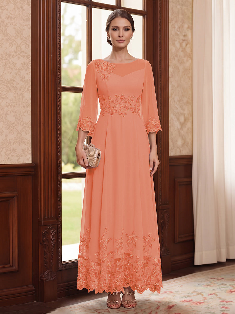 A-Line/Princess Scoop Long Sleeves Ankle Length Mother of the Bride Dresses With Embroidery &amp; Lace