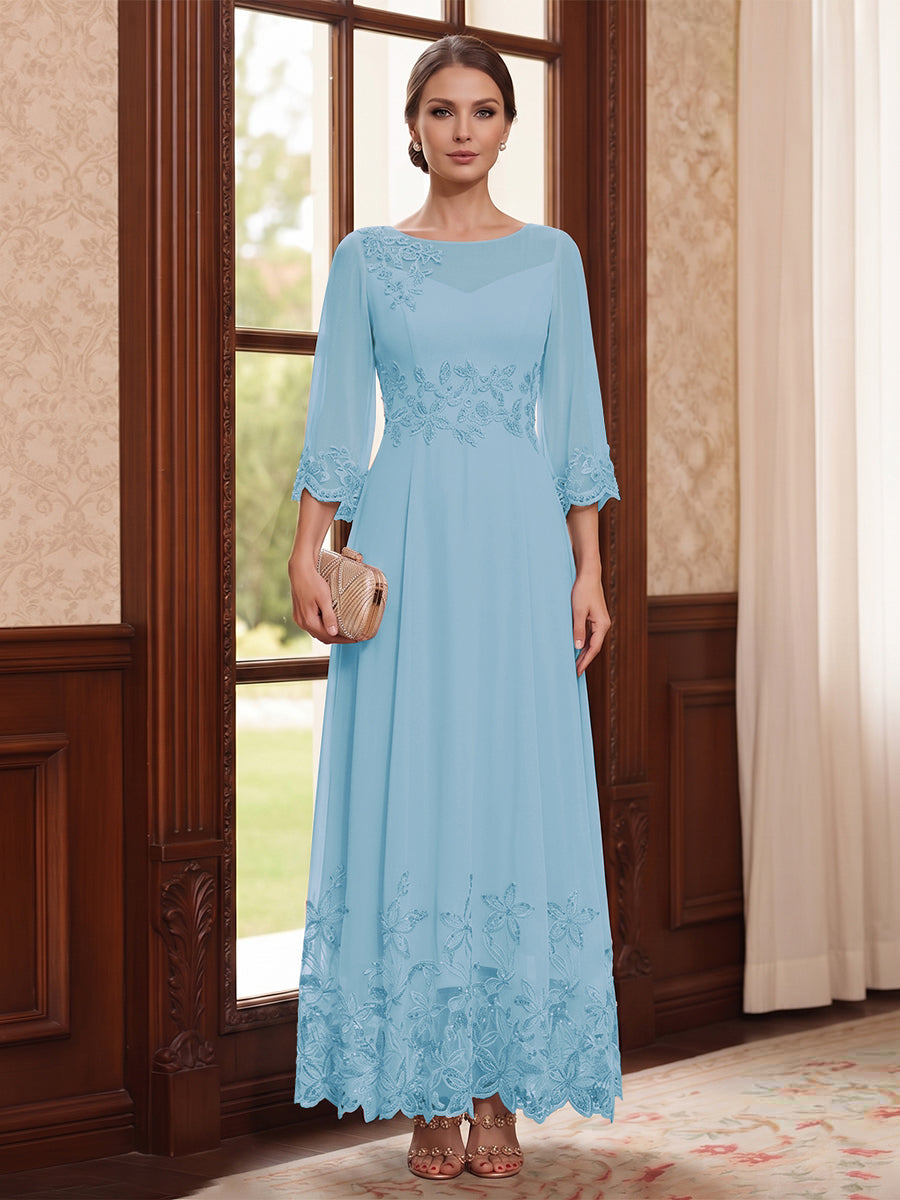 A-Line/Princess Scoop Long Sleeves Ankle Length Mother of the Bride Dresses With Embroidery &amp; Lace