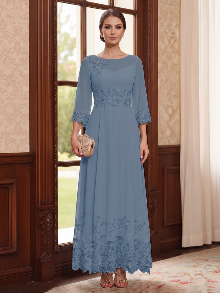 A-Line/Princess Scoop Long Sleeves Ankle Length Mother of the Bride Dresses With Embroidery &amp; Lace