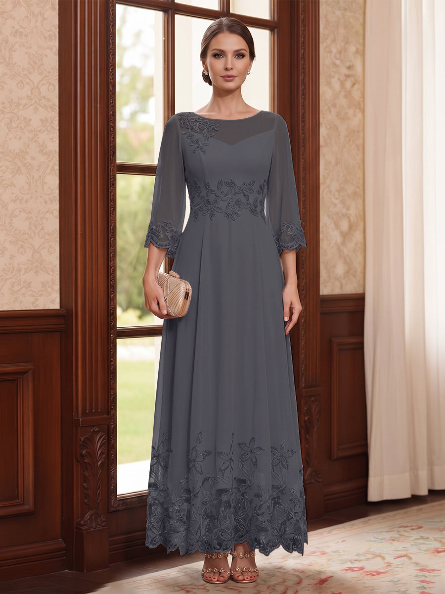 A-Line/Princess Scoop Long Sleeves Ankle Length Mother of the Bride Dresses With Embroidery &amp; Lace