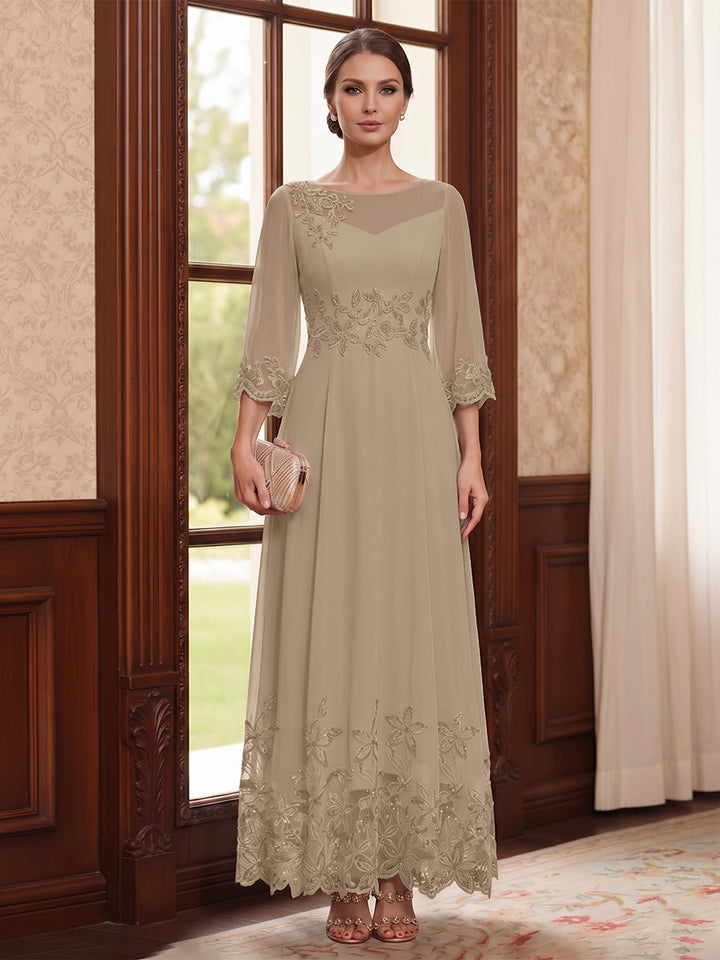 A-Line/Princess Scoop Long Sleeves Ankle Length Mother of the Bride Dresses With Embroidery &amp; Lace