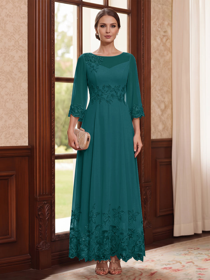 A-Line/Princess Scoop Long Sleeves Ankle Length Mother of the Bride Dresses With Embroidery &amp; Lace