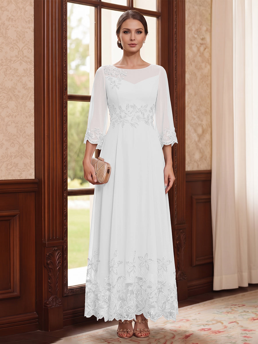 A-Line/Princess Scoop Long Sleeves Ankle Length Mother of the Bride Dresses With Embroidery &amp; Lace