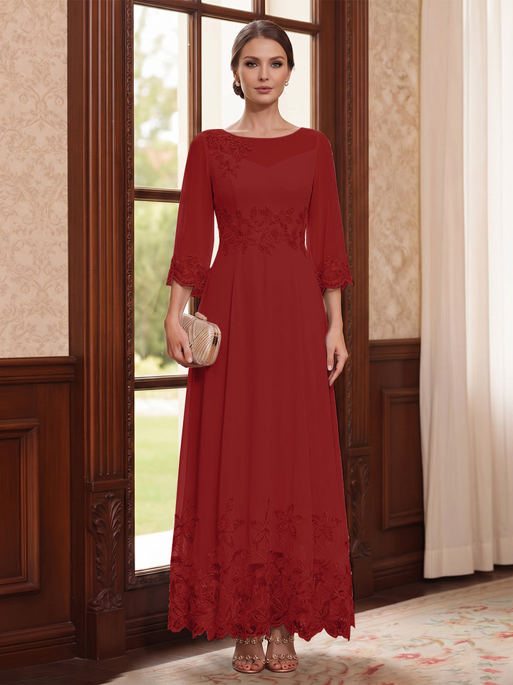 A-Line/Princess Scoop Long Sleeves Ankle Length Mother of the Bride Dresses With Embroidery &amp; Lace