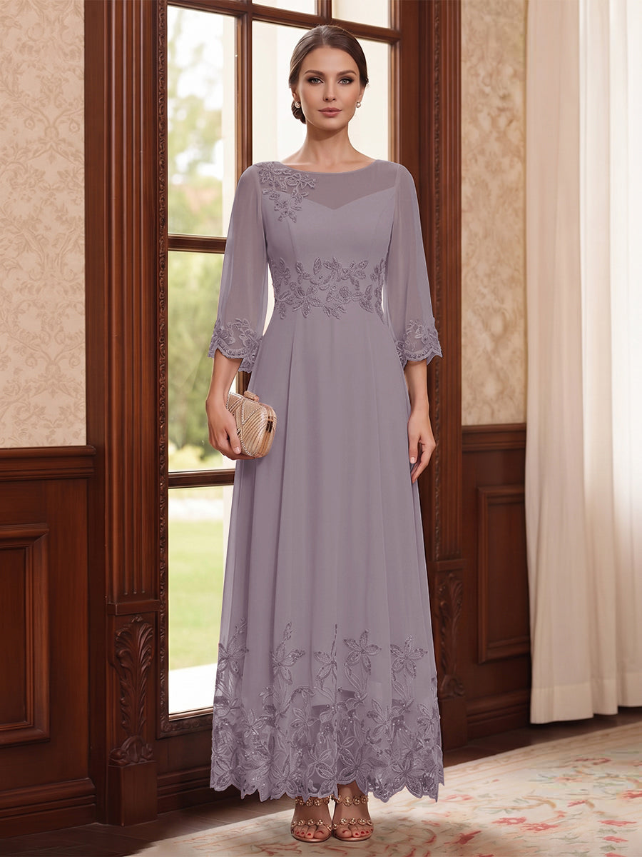A-Line/Princess Scoop Long Sleeves Ankle Length Mother of the Bride Dresses With Embroidery &amp; Lace