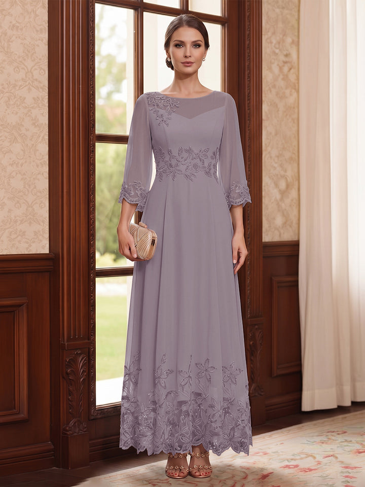 A-Line/Princess Scoop Long Sleeves Ankle Length Mother of the Bride Dresses With Embroidery &amp; Lace