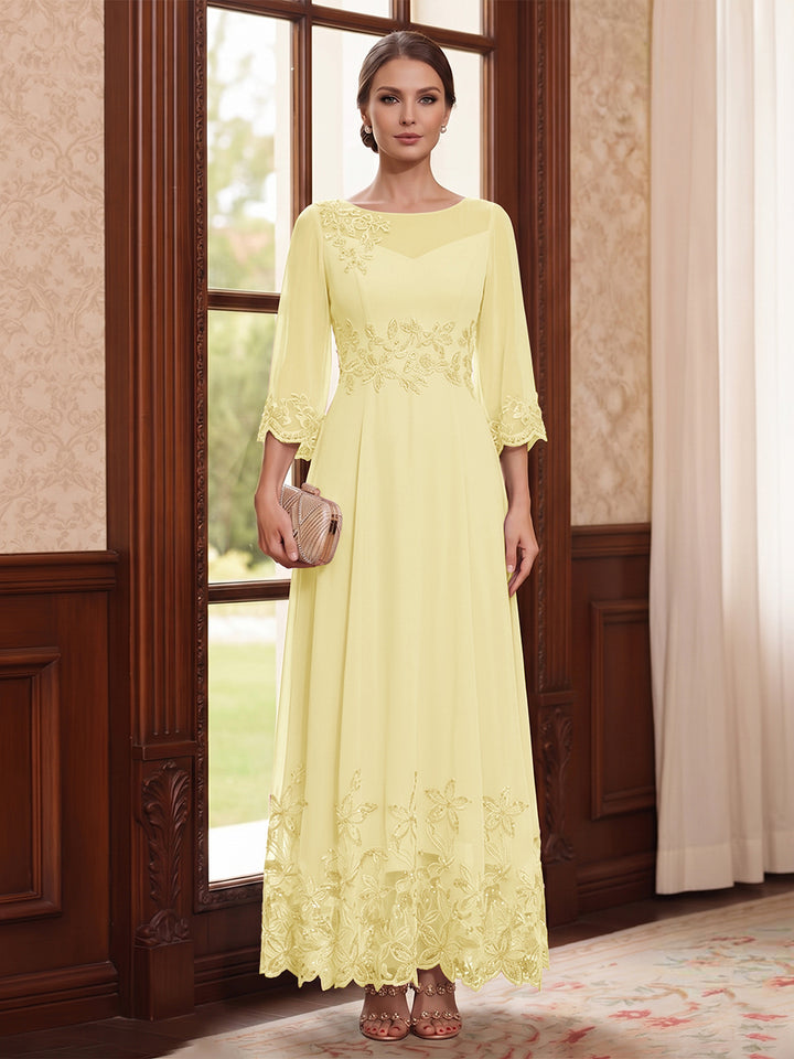 A-Line/Princess Scoop Long Sleeves Ankle Length Mother of the Bride Dresses With Embroidery &amp; Lace