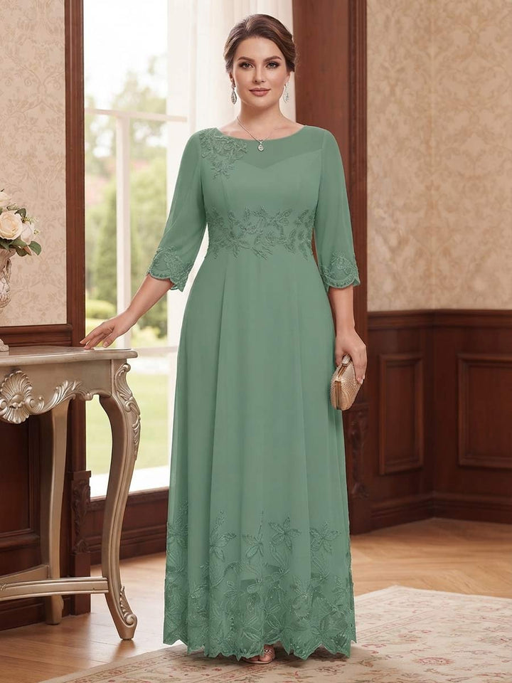 A-Line/Princess 3/4 Sleeves Scoop Ankle-Length Plus Size Mother Of The Bride Dresses With Embroidery &amp; Lace