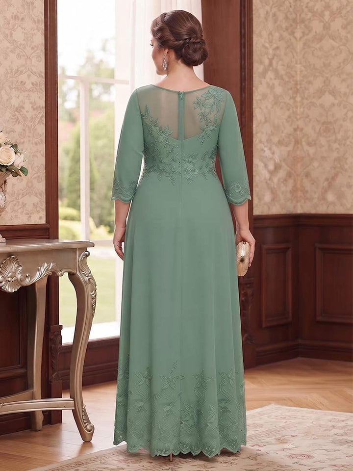 A-Line/Princess 3/4 Sleeves Scoop Ankle-Length Plus Size Mother Of The Bride Dresses With Embroidery &amp; Lace