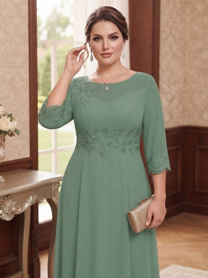 A-Line/Princess 3/4 Sleeves Scoop Ankle-Length Plus Size Mother Of The Bride Dresses With Embroidery &amp; Lace