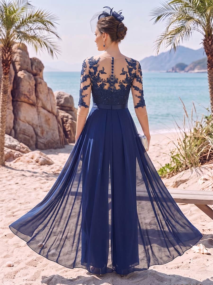 Jumpsuit Scoop Half Sleeves Floor-Length Mother of the Bride Dresses with Applique