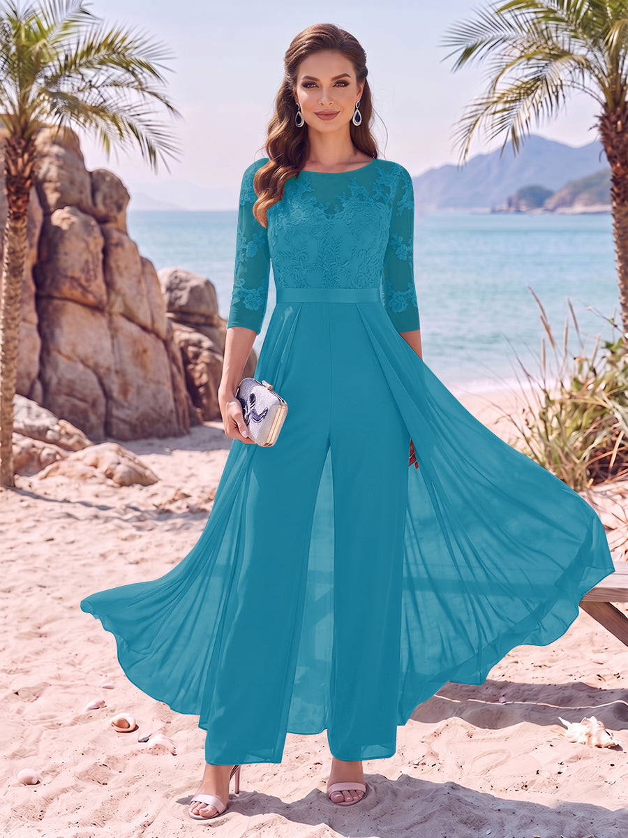 Jumpsuit Scoop Half Sleeves Floor-Length Mother of the Bride Dresses with Applique