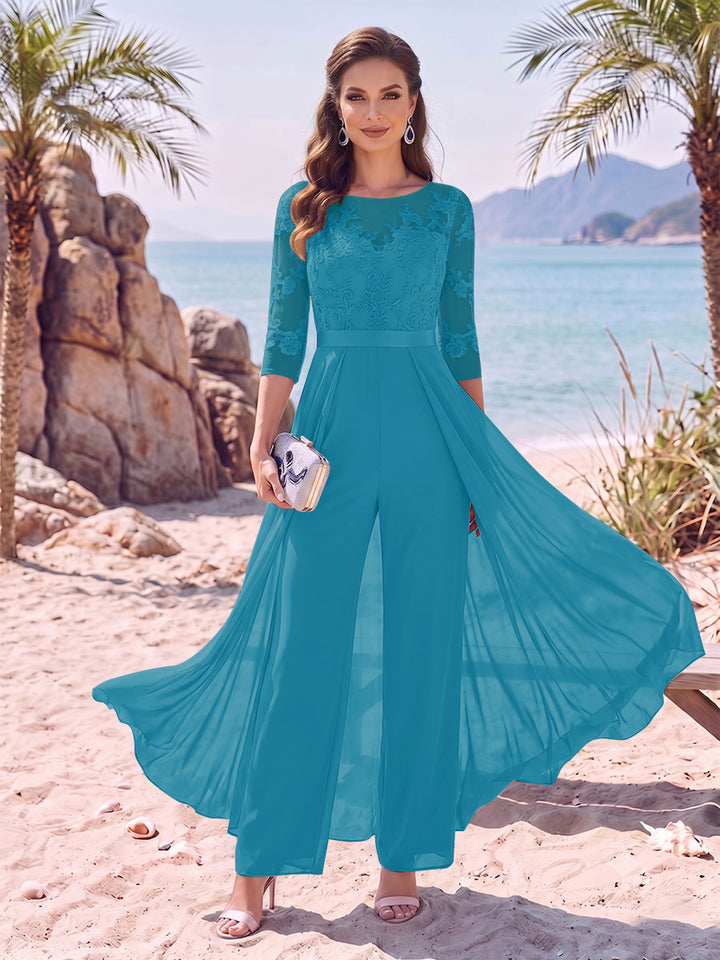 Jumpsuit Scoop Half Sleeves Floor-Length Mother of the Bride Dresses with Applique