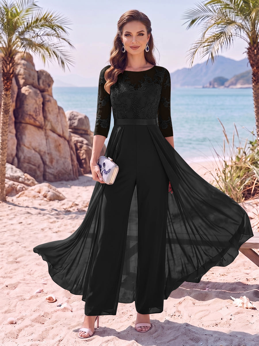 Jumpsuit Scoop Half Sleeves Floor-Length Mother of the Bride Dresses with Applique