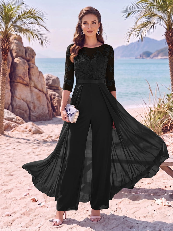 Jumpsuit Scoop Half Sleeves Floor-Length Mother of the Bride Dresses with Applique