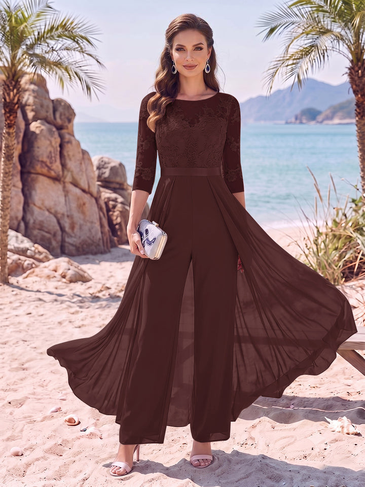 Jumpsuit Scoop Half Sleeves Floor-Length Mother of the Bride Dresses with Applique