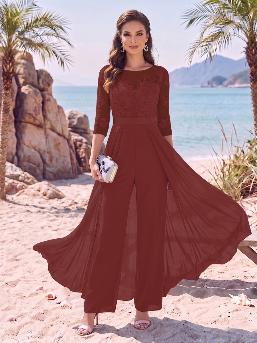 Jumpsuit Scoop Half Sleeves Floor-Length Mother of the Bride Dresses with Applique